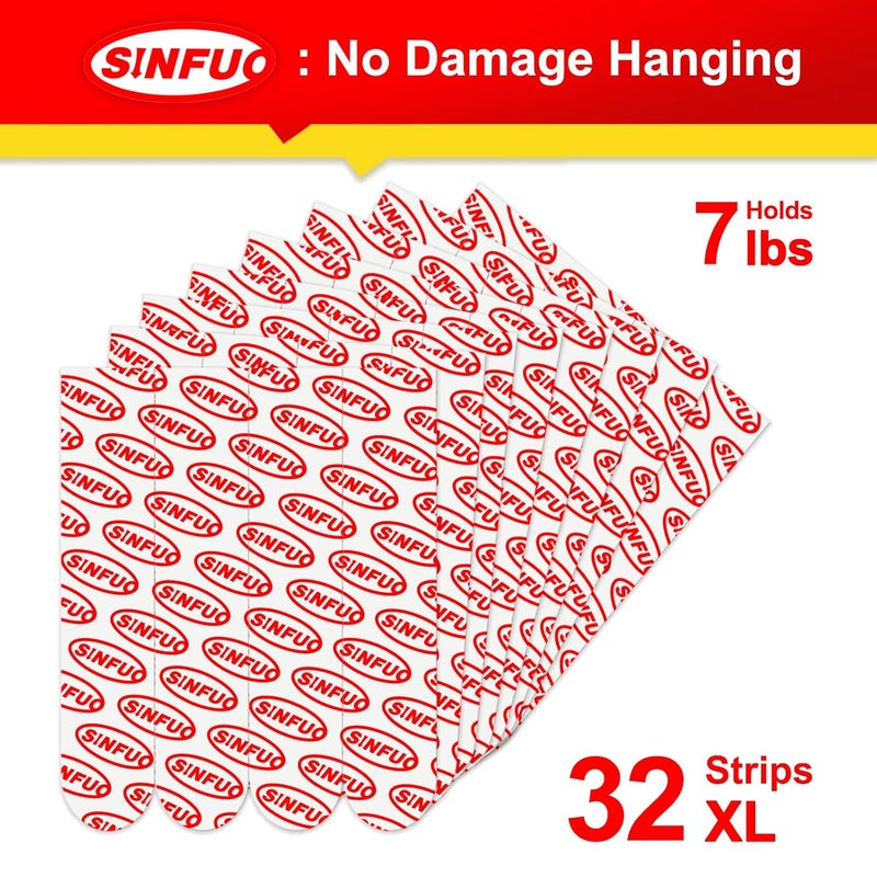 Sinfuo 32 X-Large Picture Hanging Strips Refill,No Damage Adhesive Strips for Frame, Removable Picture Hanger for Poster，Wall Sticky Double Sided Tape Heavy Duty Variety Pack - Image 1